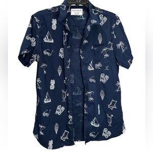Free Planet Button Up Shirt White Saliboats Palm Trees Mens Size Medium Casual‎